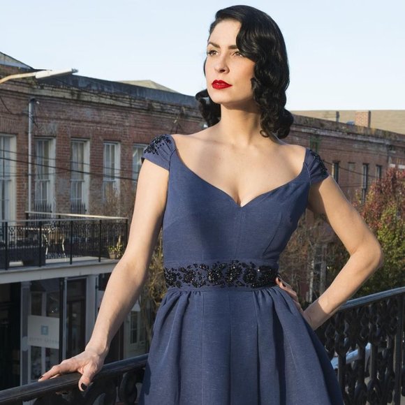 CANDICE GWINN Fit + Flare Beaded Eva Marie Cocktail Dress 16 L - Picture 3 of 9